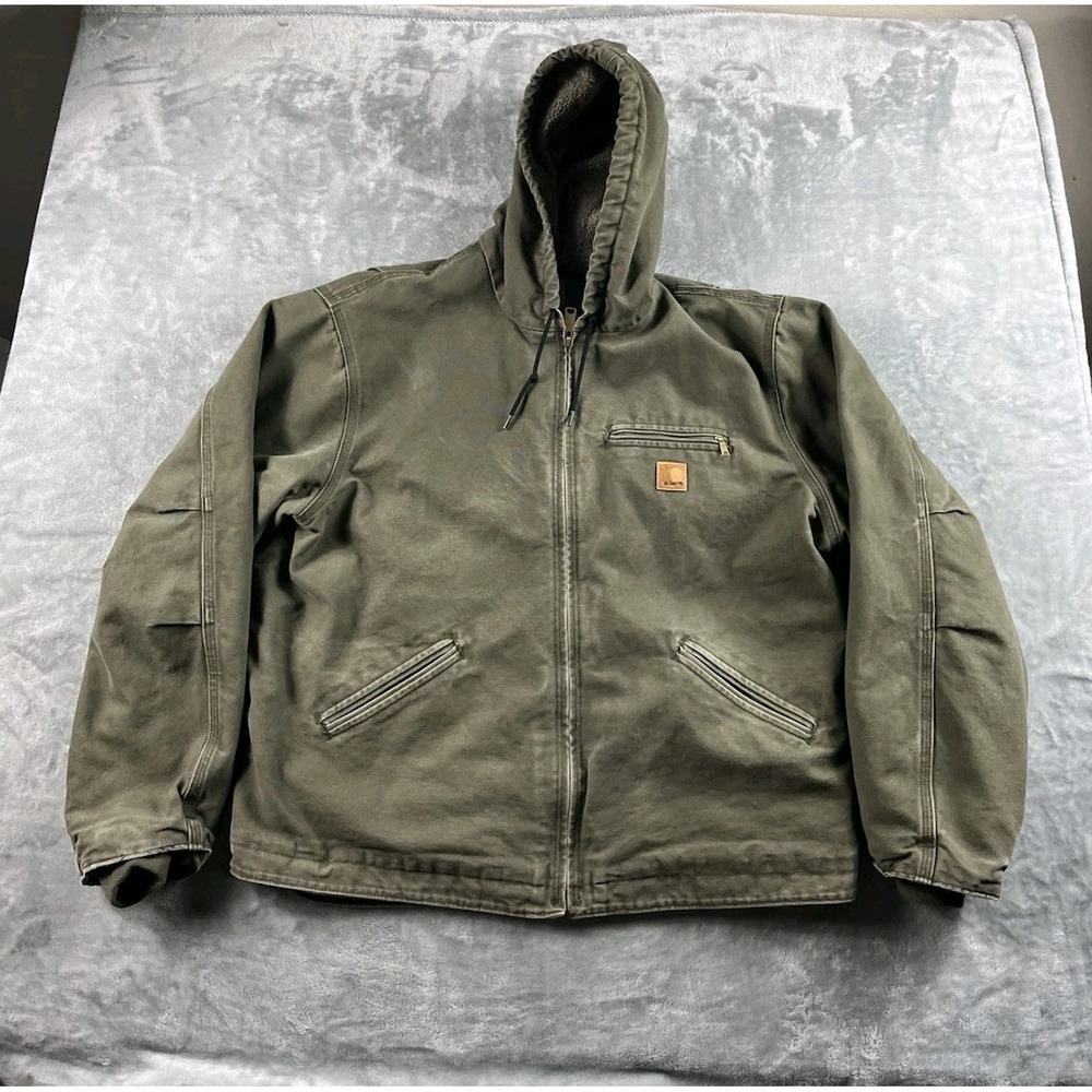 Carhartt Jacket Mens XL Army Green J141 ARG Sherpa Lined Hooded Canvas Workwear